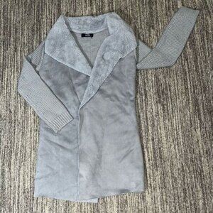 Mod Black Label Womens Medium Suede Front‎ Cardigan Sweater Gray Faux Fur Long